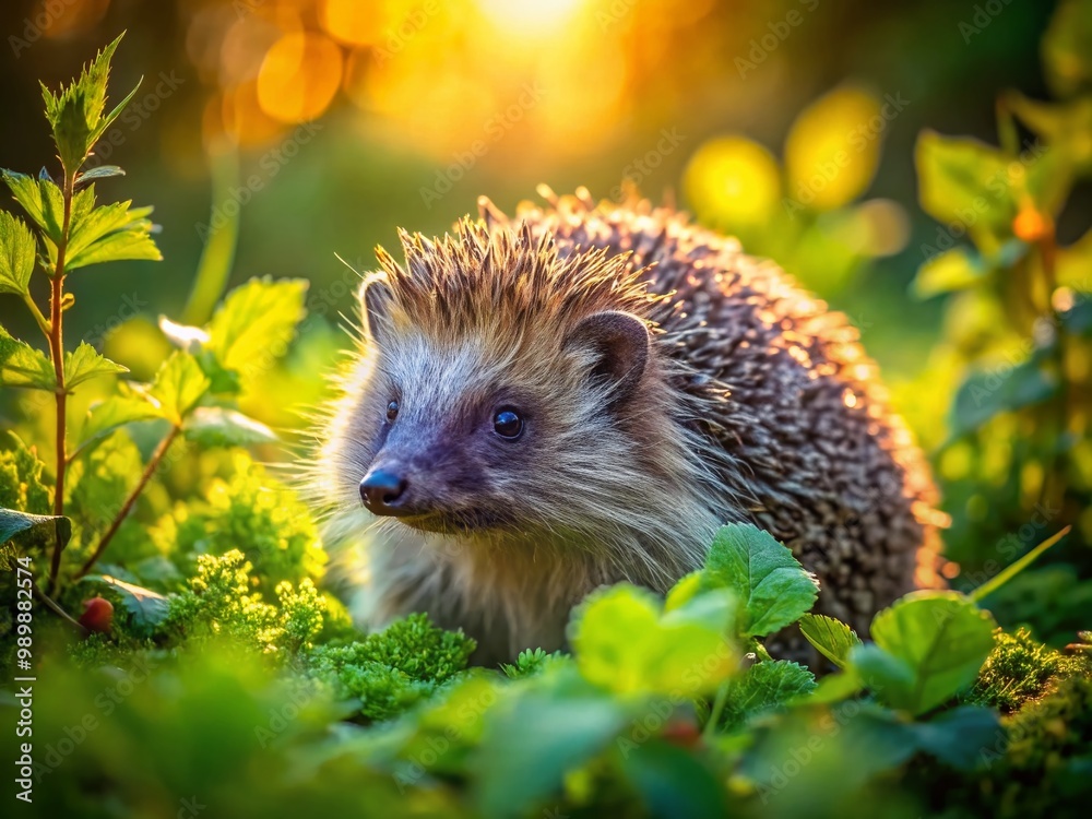 Fototapeta premium Czech Hedgehog in Natural Habitat with Lush Greenery and Soft Morning Light on a Sunny Day