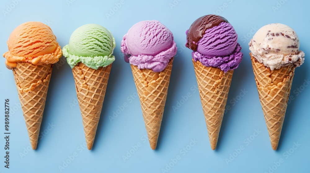 Five colorful ice cream cones in a row on a blue background. Five colorful ice cream cones in a row on a blue background.