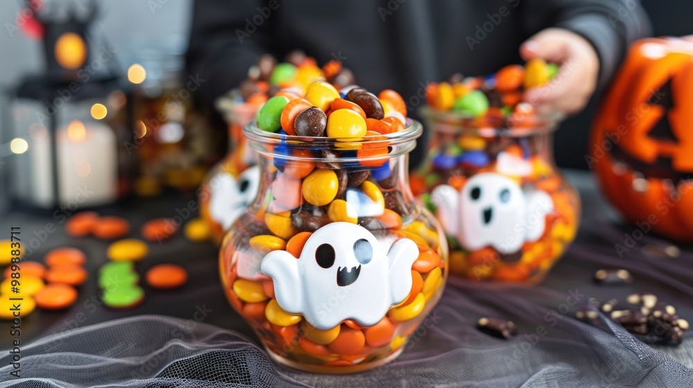 Fototapeta premium Caucasian toddlers decorating Halloween-themed cupcakes with spooky toppings in a well-lit kitchen, showing excitement and focus. Halloween, spooky, haunted concept.