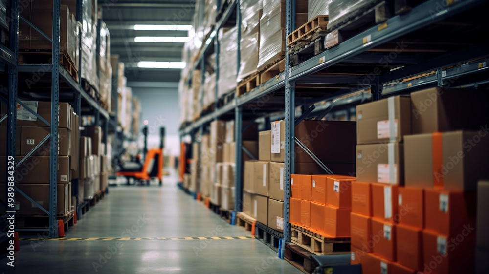 Rows of stacked boxes on shelves in a large warehouse, showcasing storage organization and industrial supply chain logistics. Rows of stacked boxes on shelves in a large warehouse, showcasing storage organization and industrial supply chain logistics.