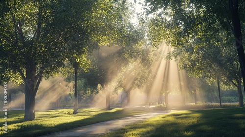 A mesmerizing scene of sunbeams filtering through the trees in a park, reminiscent of NYC explosion coverage. This visual combines virtual and augmented reality elements,