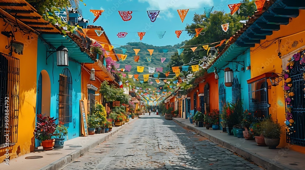 Fototapeta premium A vibrant street scene adorned with colorful papel picado banners and charming buildings.