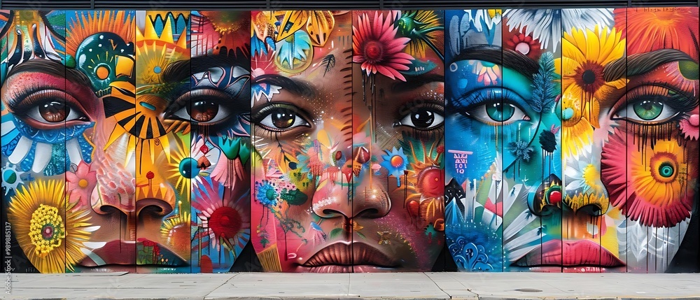 Fototapeta premium A vibrant mural featuring colorful faces adorned with floral patterns and expressive eyes.