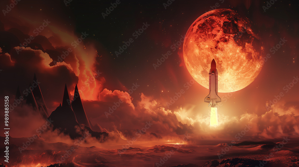 Space Shuttle Launching into the Night Sky Against a Glowing Red Moon in the Background Space Shuttle Launching into the Night Sky Against a Glowing Red Moon in the Background
