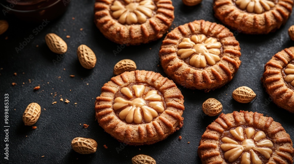 Delicious peanut butter cookies with caramel filling on a dark background. Delicious peanut butter cookies with caramel filling on a dark background.