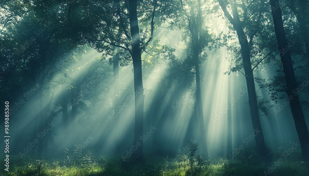 Fototapeta premium Tall, misty trees with sunlight streaming through the branches, creating a magical and mysterious forest atmosphere