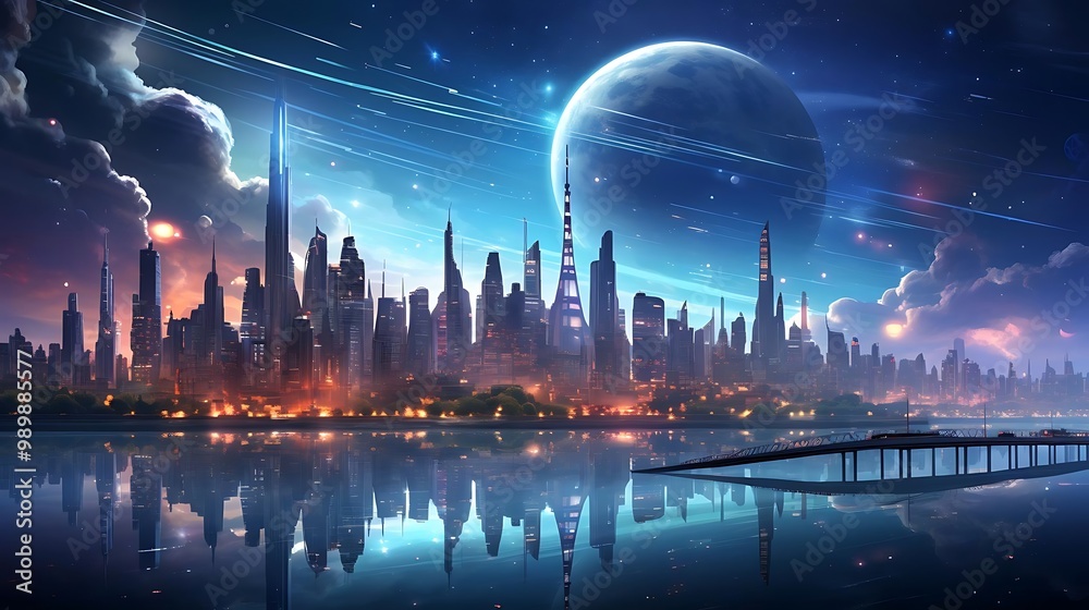 A futuristic city skyline under a cosmic sky with a reflective water surface. A futuristic city skyline under a cosmic sky with a reflective water surface.