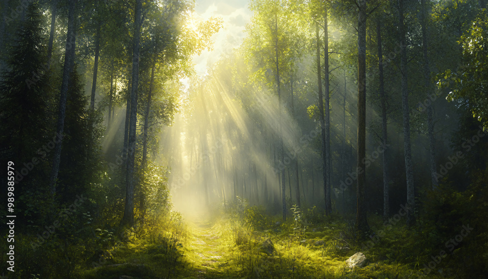 Obraz premium Tall, misty trees with sunlight streaming through the branches, creating a magical and mysterious forest atmosphere