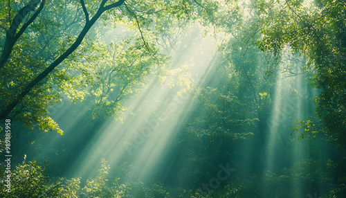 Tall, misty trees with sunlight streaming through the branches, creating a magical and mysterious forest atmosphere