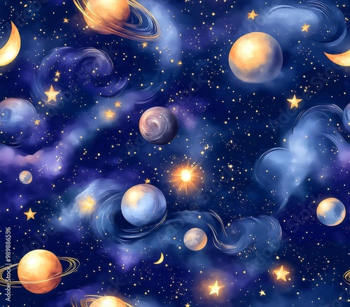 A watercolor cosmos seamless pattern with planets, stars, and galaxies on a dark blue space background. Generative AI