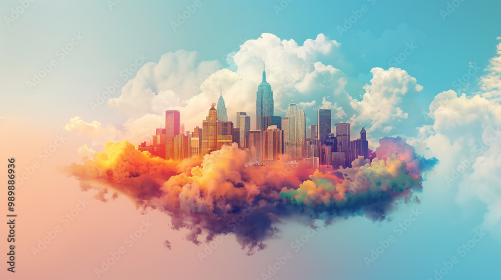 Fototapeta premium Majestic City Skyline Emerging from Dense Clouds Under a Dreamy and Vibrant Sky