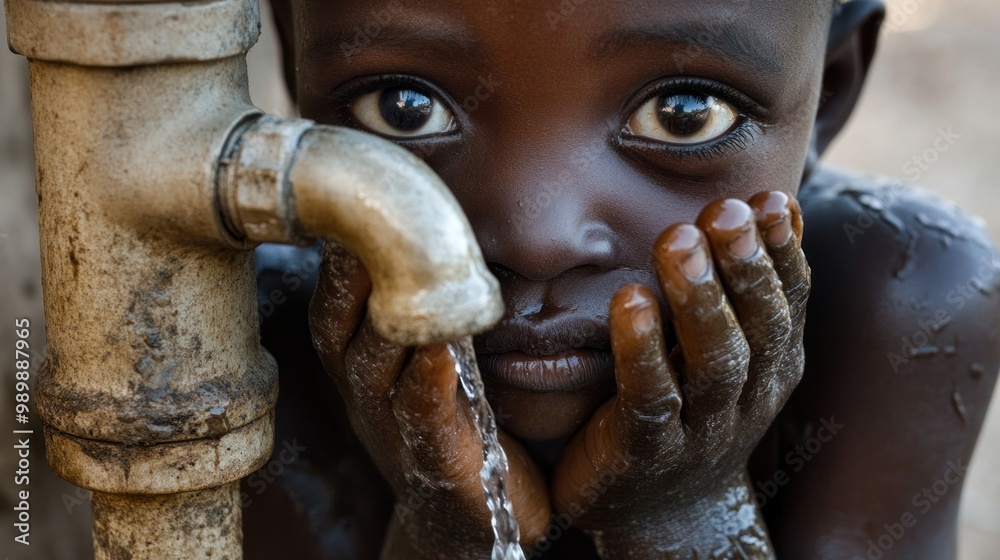 Sad African boy cupping his hands to drink water from a faucet, symbolizing the water scarcity crisis in a drought-hit village. Sad African boy cupping his hands to drink water from a faucet, symbolizing the water scarcity crisis in a drought-hit village.