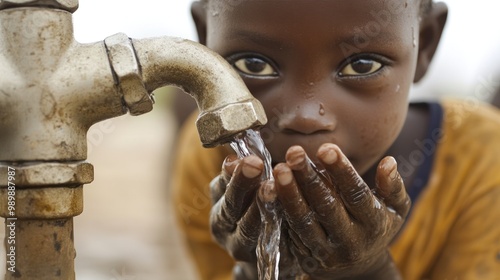 Sad African boy cupping his hands to drink water from a faucet, symbolizing the water scarcity crisis in a drought-hit village.