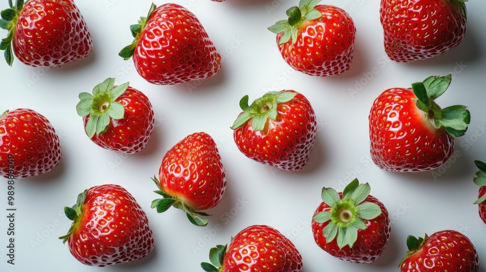 Fresh red strawberries in a pattern on a white background. Fresh red strawberries in a pattern on a white background.