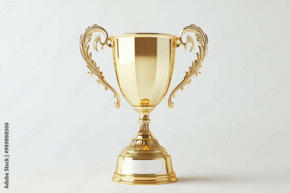 Two golden trophies with intricate designs and black bases are isolated on a white background. Two golden trophies with intricate designs and black bases are isolated on a white background.