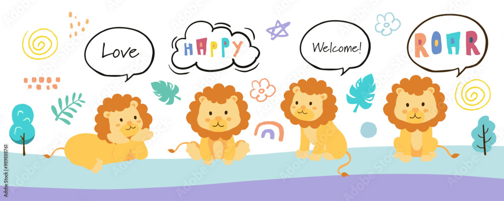 cute lion template banner with roar,welcome for horizontal design cute lion template banner with roar,welcome for horizontal design