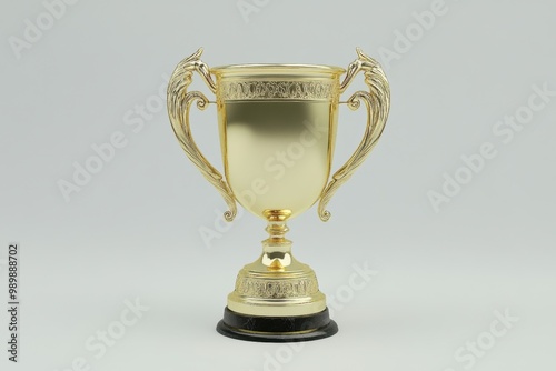 Two golden trophies with intricate designs and black bases are isolated on a white background.