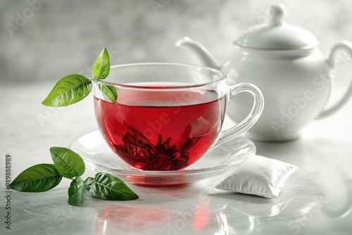 A cup of red tea with a teapot and tea bag on a marble surface.