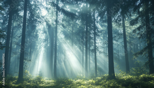 Tall, misty trees with sunlight streaming through the branches, creating a magical and mysterious forest atmosphere