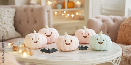 Cute happy pumpkin pillow in the marble table, with paper bats