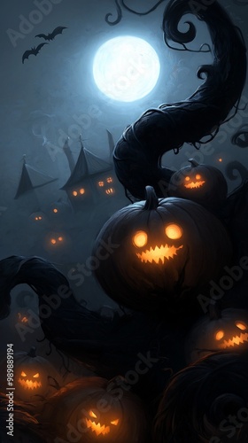 large pumpkins scary faces necromancy blurry background spiky tentacles header happy disarmed spirits covered drapery streaming cartoons full view blank photo