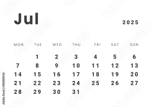 Template design of Monthly Calendar on July 2025. Vector layout grid of calendar with week start Monday. Page for size A4 -21x29.7 cm.