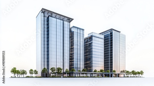 3D rendering of a modern office building complex that combines glass facades, clean lines and green elements. This futuristic architectural design creates an elegant and professional look.