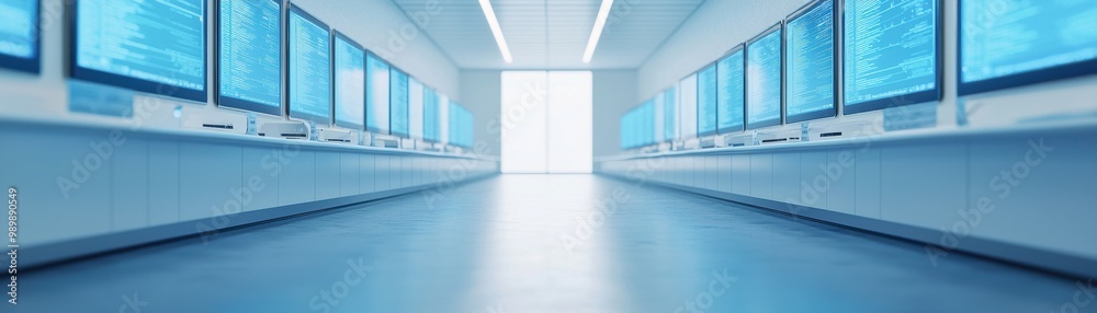 A modern hallway featuring multiple screens displaying data, creating a futuristic and technological atmosphere. A modern hallway featuring multiple screens displaying data, creating a futuristic and technological atmosphere.