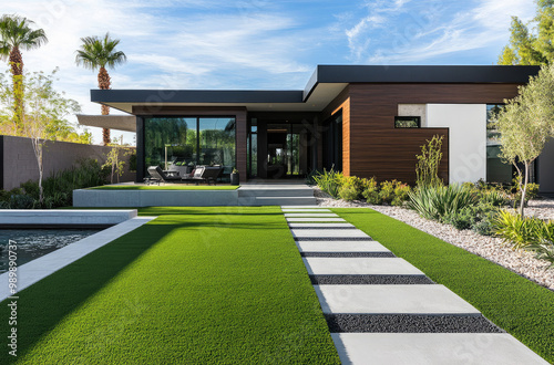 Modern front yard design with artificial grass, stone path, and landscaping in an Australian home.