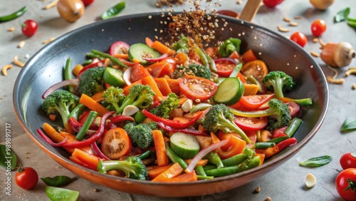 Fresh Vegetable Stir Fry Splashing in Pan with Ingredients