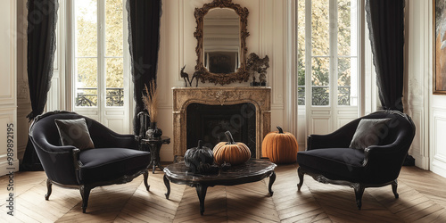 elegant parisian living room decorated with halloween pumpkins, fairy lights, and a whimsical ghost and star garland
 photo