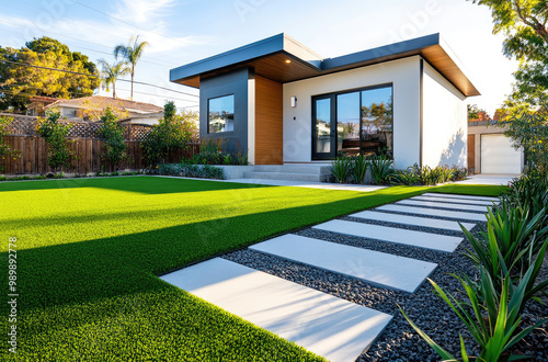 Modern front yard design with artificial grass, a concrete path, and a modern house in the background