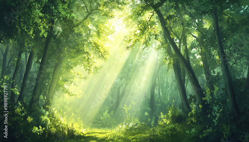 Tall, misty trees with sunlight streaming through the branches, creating a magical and mysterious forest atmosphere