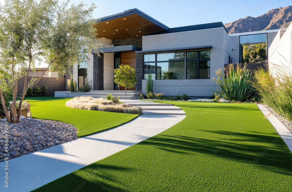 Obraz premium Modern front yard design with artificial grass, a concrete path, and a modern house in the background