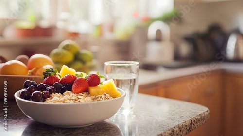 Fresh Oatmeal with Fruits and Glass of Water