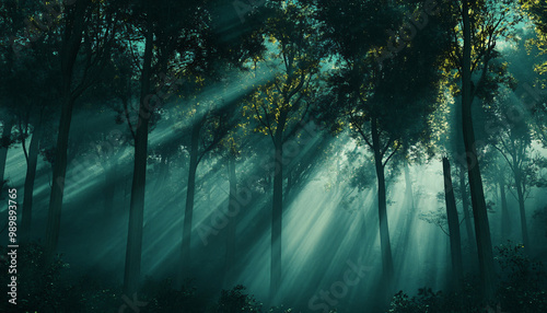 Tall, misty trees with sunlight streaming through the branches, creating a magical and mysterious forest atmosphere