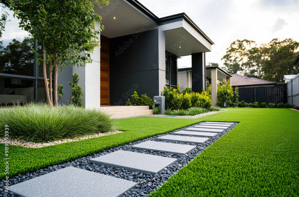 Modern front yard design with artificial grass, house, and entrance in Australia. A green lawn with stones, a walkway path, and landscaping for home exterior decor. Modern front yard design with artificial grass, house, and entrance in Australia. A green lawn with stones, a walkway path, and landscaping for home exterior decor.