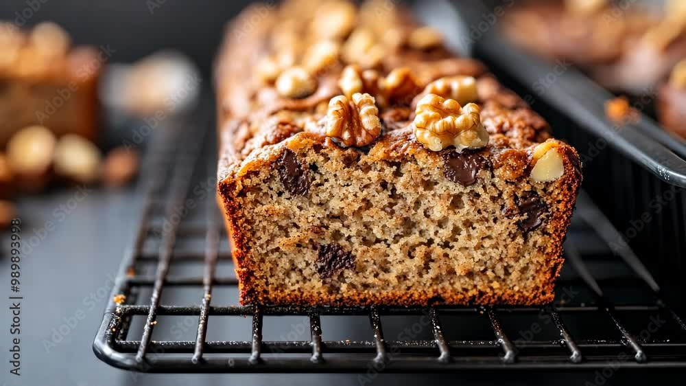 A freshly baked loaf of banana bread with walnuts and chocolate chips cooling on a wire rack A freshly baked loaf of banana bread with walnuts and chocolate chips cooling on a wire rack