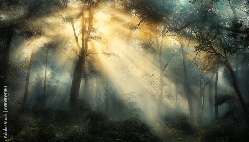 Tall, misty trees with sunlight streaming through the branches, creating a magical and mysterious forest atmosphere