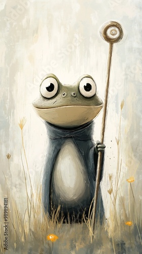 frog stick hand tonal color background portrait cartoon animal mystic watcher photo