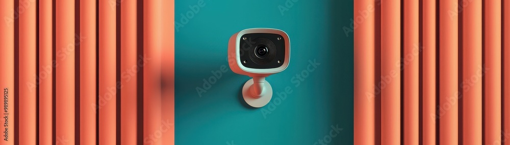 A modern security camera mounted on a vibrant colored wall with curtains, showcasing contemporary surveillance technology. A modern security camera mounted on a vibrant colored wall with curtains, showcasing contemporary surveillance technology.
