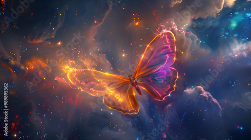 Radiant Butterfly Flying Through a Magical and Glowing Fantasy Landscape