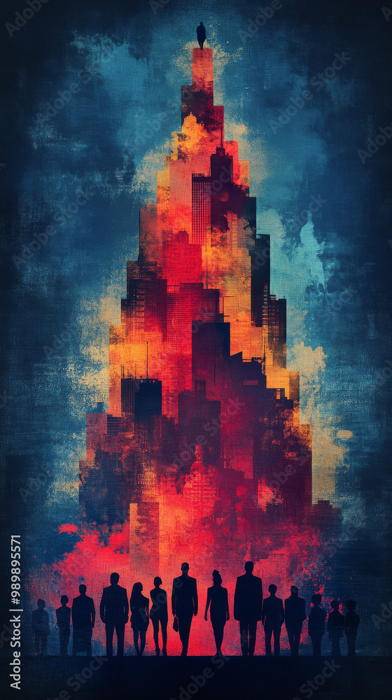 Silhouettes of people looking up at a towering city. Silhouettes of people looking up at a towering city.