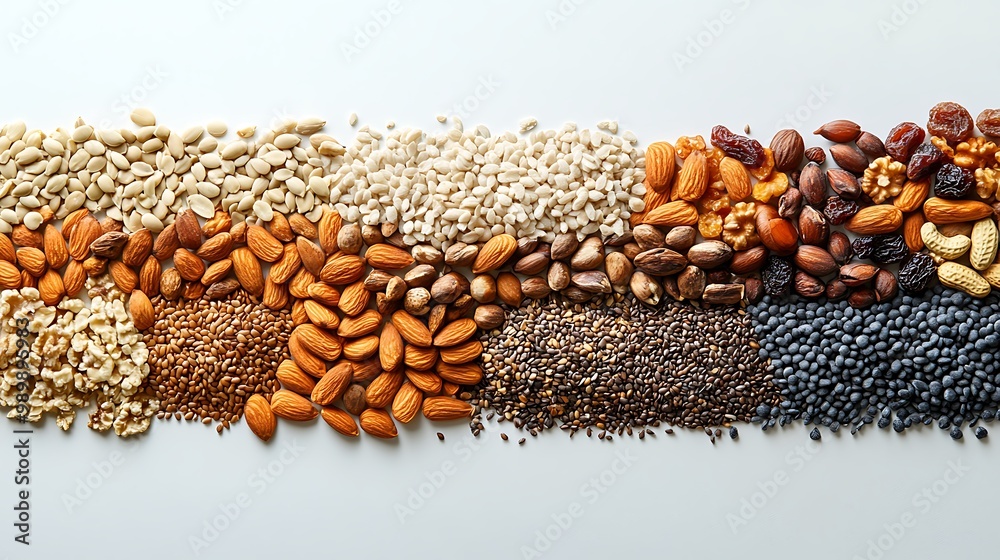Obraz premium A flat lay of nuts, seeds, and dried fruits arranged in a semi-circle on the bottom half, leaving the top half open for text on a white background