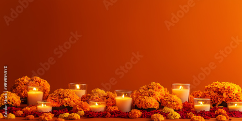 simple dia de muertos altar decorated with marigold flowers and dynamic candles placement