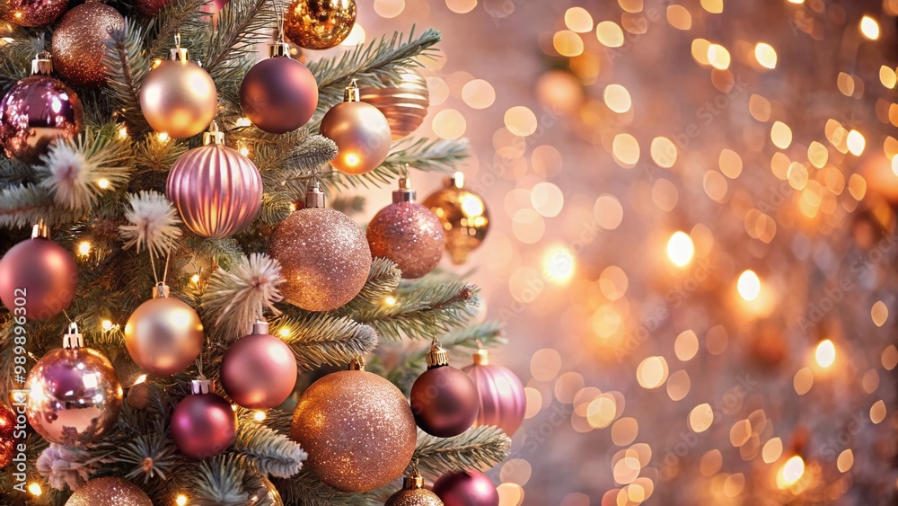Obraz premium Elegant champagne and rose gold Christmas tree adorned with ornaments and twinkling lights for holidays