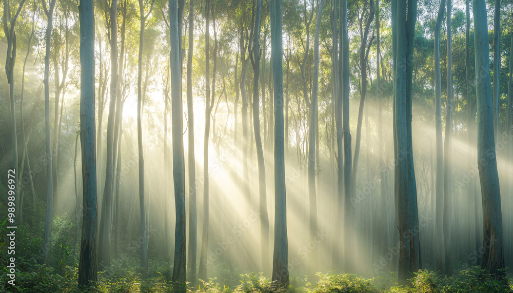 Tall, misty trees with sunlight streaming through the branches, creating a magical and mysterious forest atmosphere Tall, misty trees with sunlight streaming through the branches, creating a magical and mysterious forest atmosphere