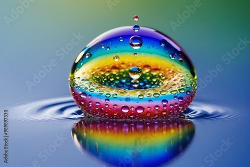 A closeup of colorful water drops splashing in celebration with blue confetti and bubbles, creating a festive atmosphere for a party photo