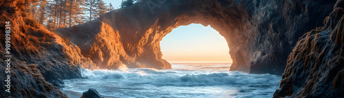 Rocky archway over the ocean with waves crashing on a shore