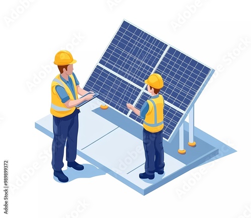 Isometric solar panel installation with two engineers discussing their work, white background, vector illustration, flat design photo